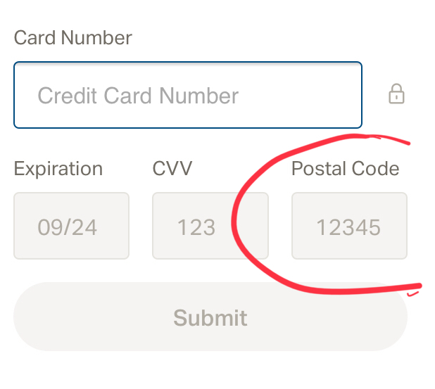 Credit Card Postal Code